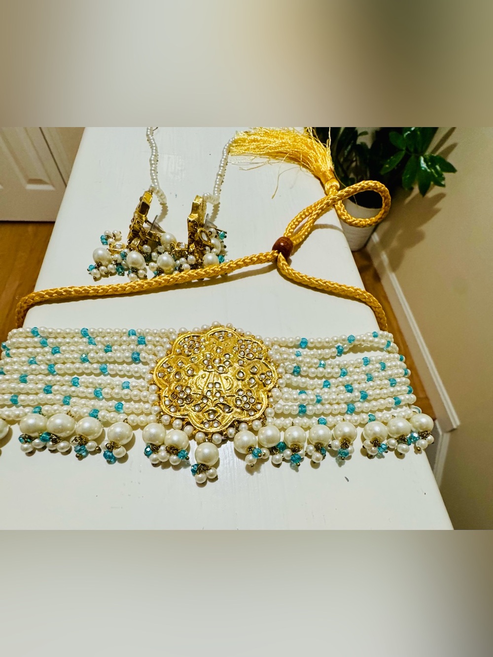 Multani Pearl and Turquoise Beaded Waist Belt with Gold Medallion